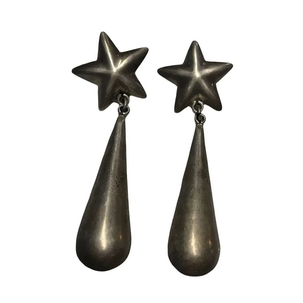 SOLD Rare Taxco Sterling Silver Star Drop Earrings Vintage 1970s - Picture 6 of 11